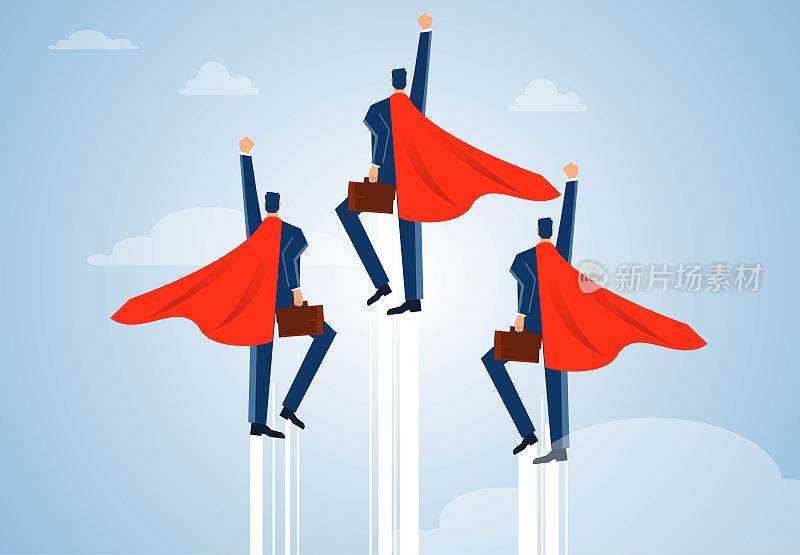 强大自信的商人披着红斗篷腾飞飞向天空，成功的领袖，拥有超能力的商人，成就成功，实现成长