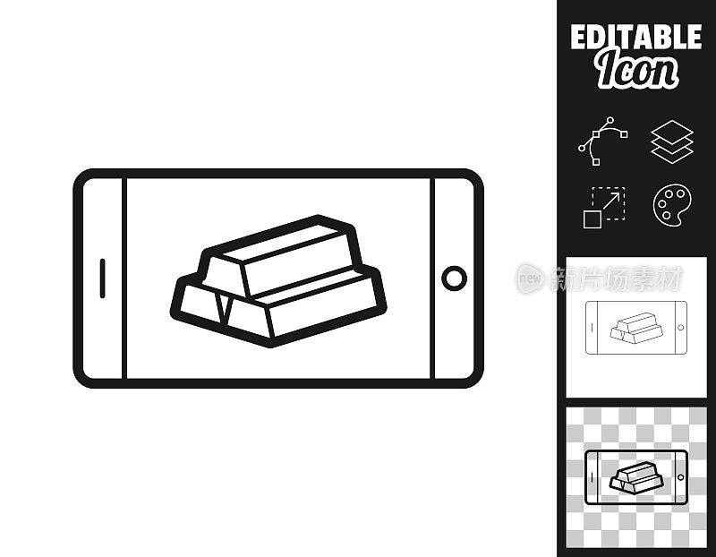 带有金条的智能手机。图标设计。轻松地编辑