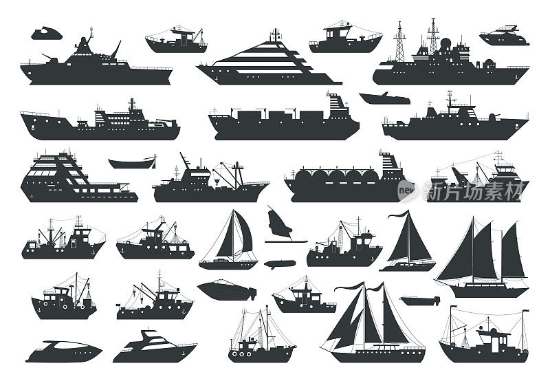 卡通船，海上旅行船和帆船剪影。工商帆船、摩托艇和拖网渔船平矢量插图收藏。航运船只轮廓