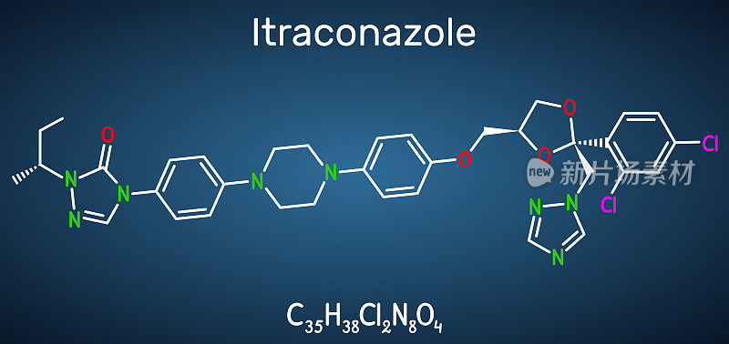 伊曲康唑分子。三唑类抗真菌药物，用于治疗各种真菌感染。结构式化学式在深蓝色的背景上。