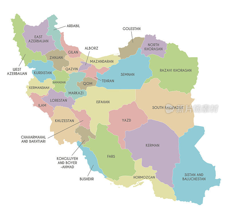 矢量地图上有伊朗的省份和行政区划。可编辑和明确标记层。