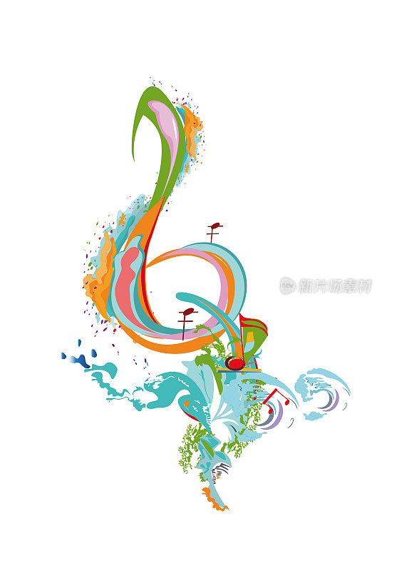 抽象的音乐设计与高音谱号和彩色的飞溅，音符和波浪。色彩鲜艳的高音谱号。