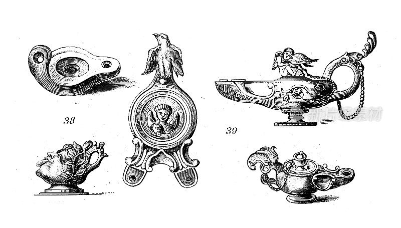 古董雕刻插画、文明:罗马灯具等工具