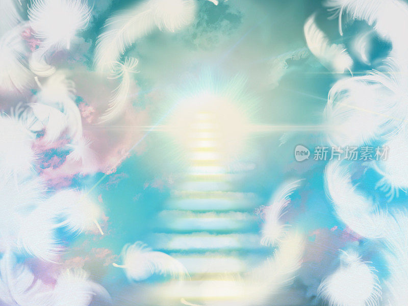 通向天堂的神秘云楼梯的插图，超越飘落的白色羽毛和神圣的光从天空通过云海的缺口。