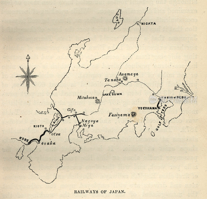 展示日本早期铁路的地图，19世纪70、80年代和19世纪的复古插图