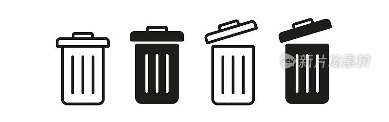 垃圾桶设置图标。开盖，合上，垃圾桶，扔掉，垃圾，垃圾，垃圾，清洁环境，回收，回收。经营理念。矢量线图标的业务和广告