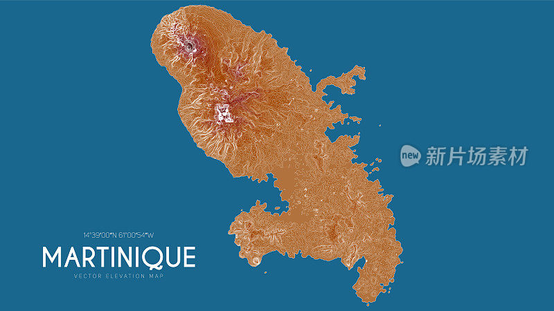 法国安的列斯群岛马提尼克岛的地形图。海岛矢量详细高程图。地理优美的山水轮廓海报。