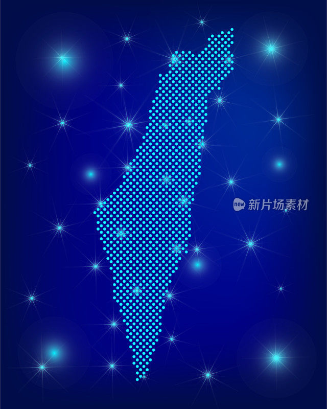 以色列地图是蓝色的。点地图。点状的以色列地图与聚光灯在深蓝色的背景。全球社交网络。蓝色未来主义背景与虚线地图。EPS10