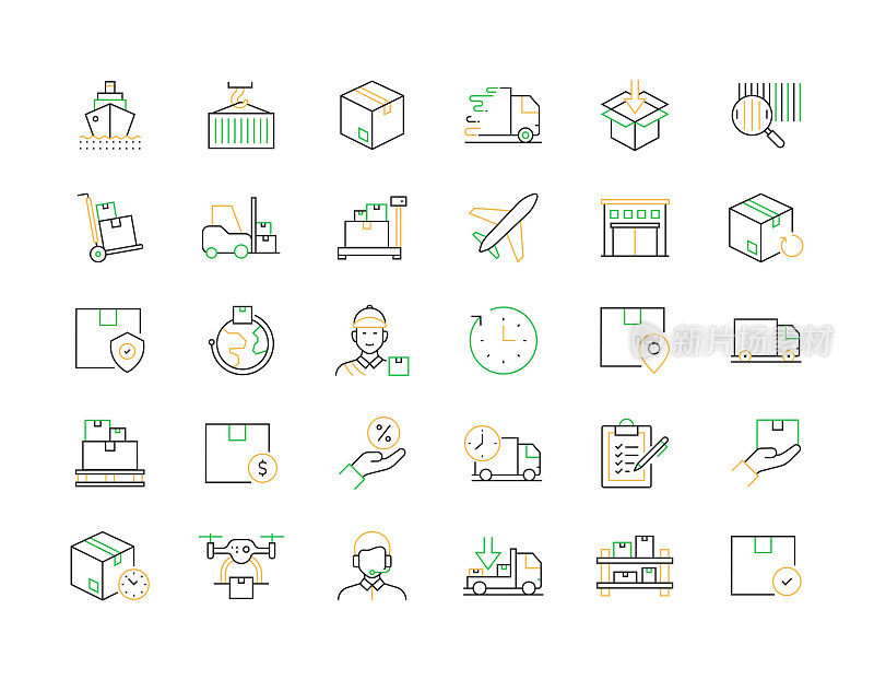 交付和物流相关的矢量细线图标。大纲符号集合