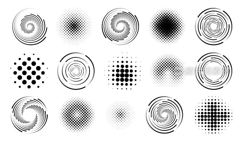 圆线，圆点图案。抽象螺旋速度图标，圆形图形漩涡，径向运动，半色调抽象形状。黑色的几何元素。矢量设计背景对象