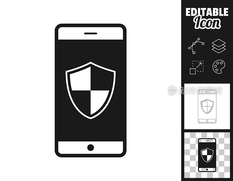 智能手机与盾牌。图标设计。轻松地编辑
