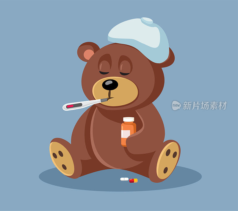 生病的泰迪熊遭受流感载体卡通插画
