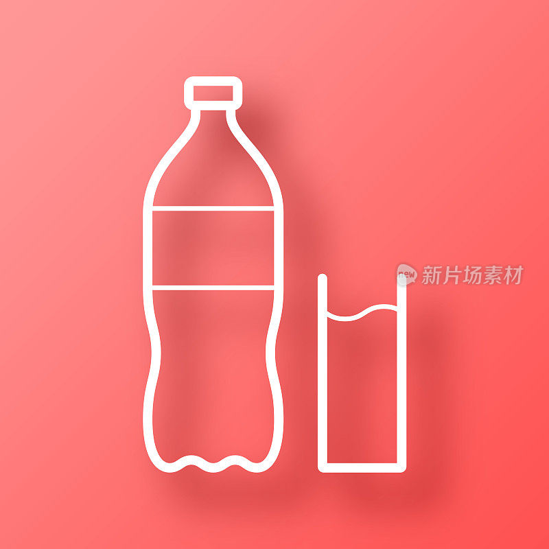 一瓶和一杯苏打水。图标在红色背景与阴影