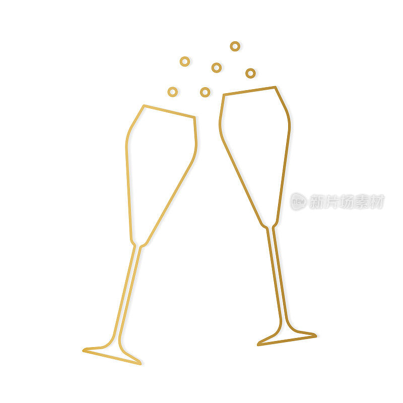 金灿灿的香槟杯线图标，欢声笑语，婚礼，派对，庆祝除夕