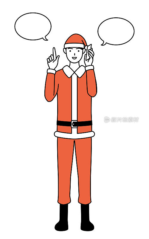 简单的线条插画，一个男人打扮成圣诞老人指着，而在电话上。