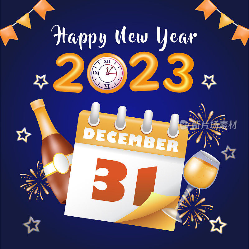 2023年新年快乐。3d插图日历，酒瓶和玻璃与烟花装饰