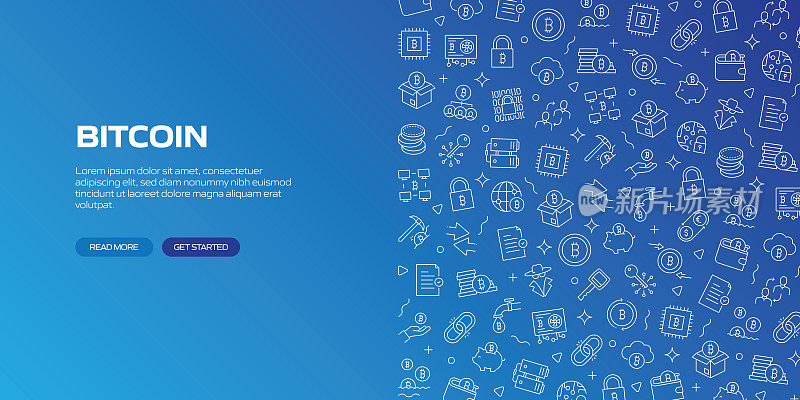 比特币网络横幅与线性图标,时髦的线性风格向量