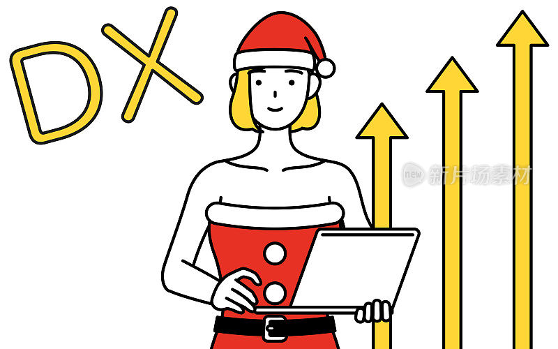 DXing的形象，简单的线条插画的女人打扮成圣诞老人，她已经成功地改善了她的生意