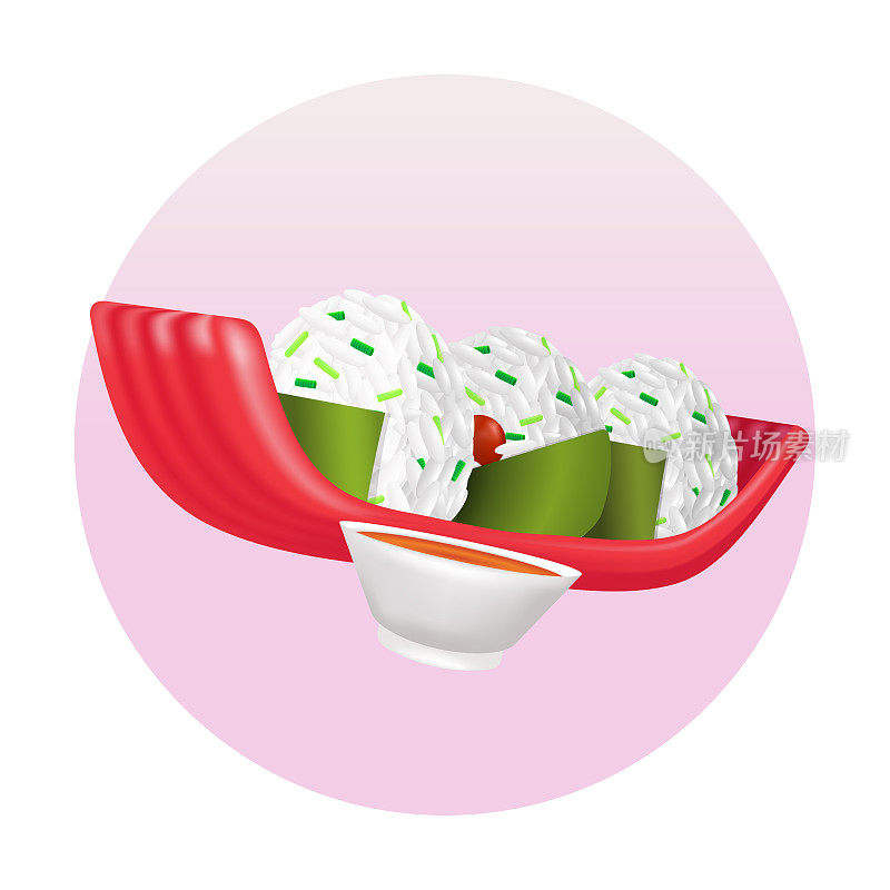 日式料理，饭团和酱油的3d插图