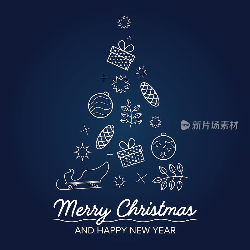 圣诞树的形象由礼物、星星、圆锥体、树枝、玻璃球和雪橇组成