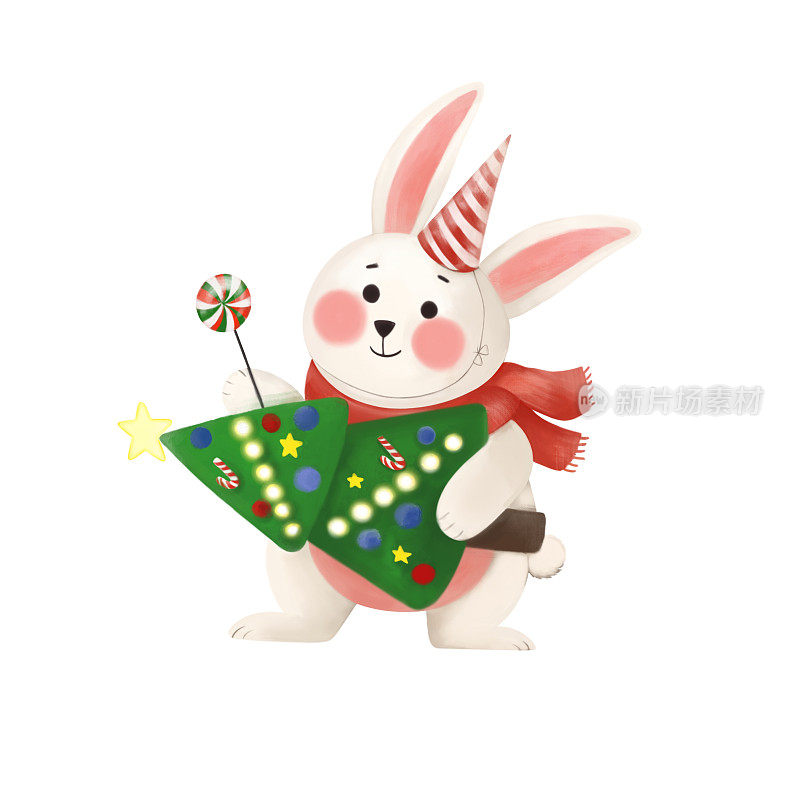 可爱的小兔子戴着红帽子，围巾和圣诞树。圣诞贺卡。新年。致以节日的问候。手绘插图。