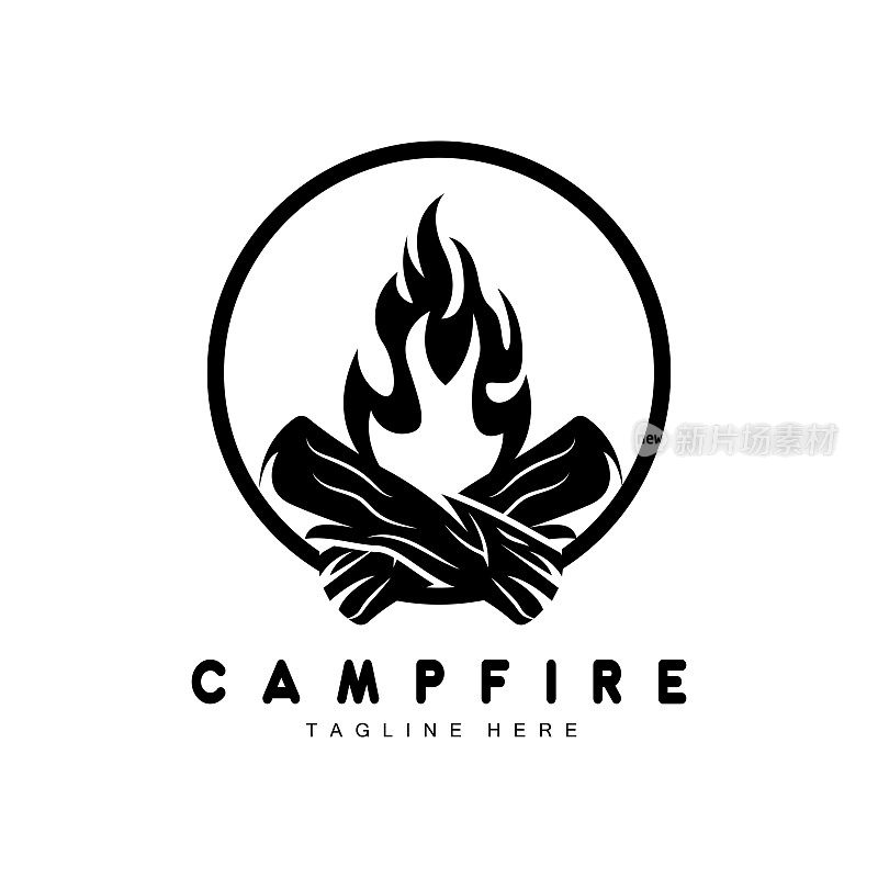 营火标志设计，露营矢量，木火和森林设计