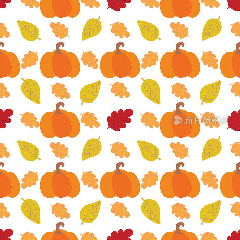 南瓜矢量图案。秋日农家乐天衣无缝的背景。收获带叶子的橙南瓜