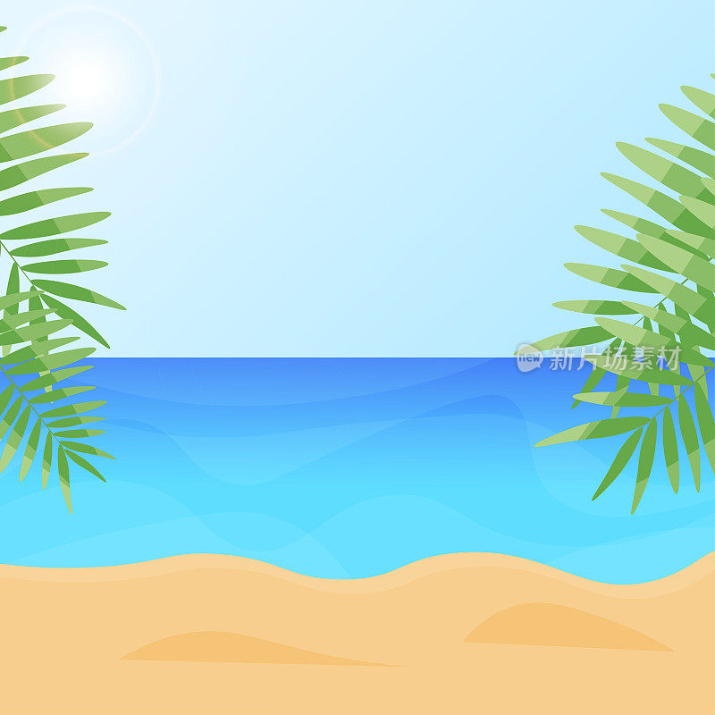 海滩的风景。夏天阳光明媚的一天，可以看到大海和海滩，棕榈树。矢量插图。海滩度假。本空间