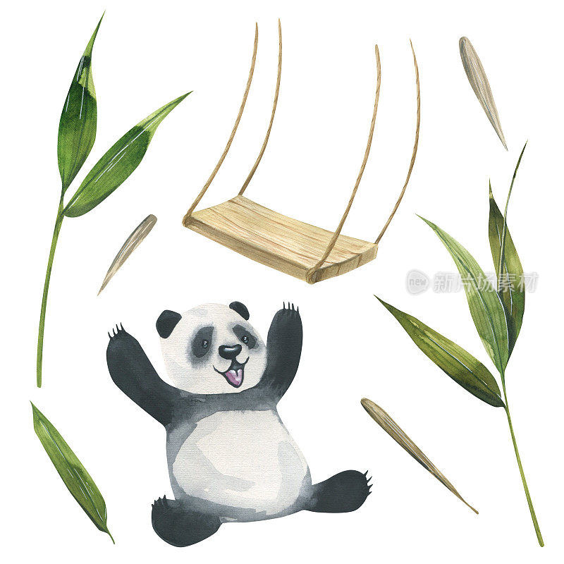 一只欢快可爱的熊猫，带着树叶、种子、竹枝和盐。水彩插图。来自BAMBOO系列的一组白色背景上的孤立对象。用于装饰和设计。