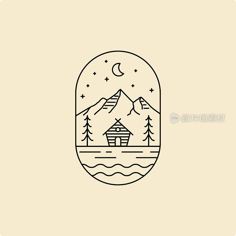 森林小屋徽章标志线艺术矢量插图设计模板