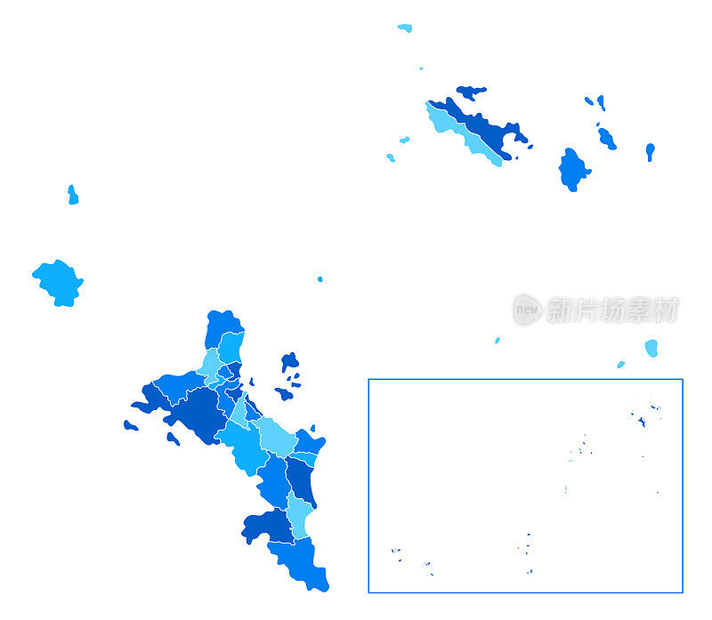 高度详细的塞舌尔蓝色地图与地区和国家边界