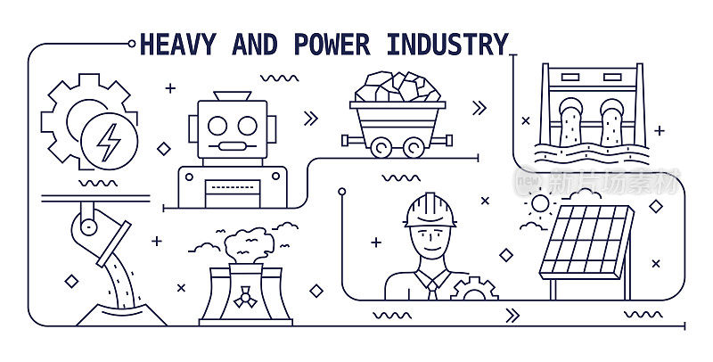 重型和电力工业矢量设计。设计是可编辑的，颜色可以改变。矢量集的创意图标:发电厂，工厂，油泵，煤矿开采，能源，工业，污染