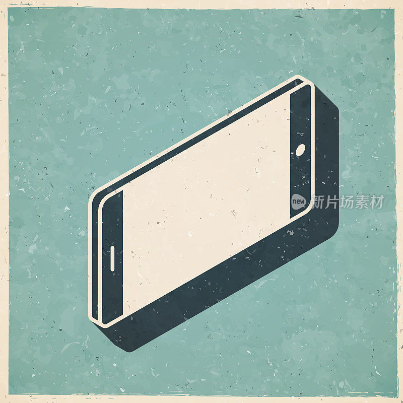 等距智能手机-水平位置。图标复古复古风格-旧纹理纸