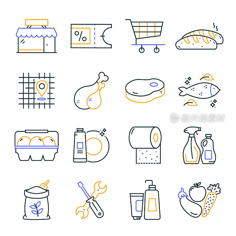杂货线图标可编辑笔触。采购产品面包，鱼，肉，鸡，咖啡，购物篮，鸡蛋