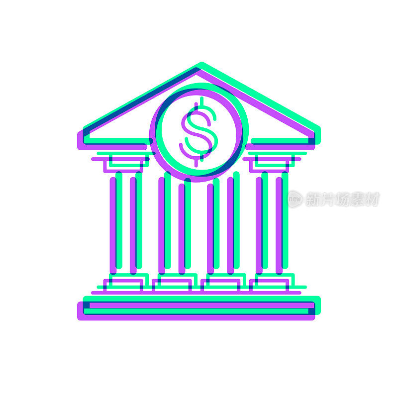 有美元标志的银行。图标与两种颜色叠加在白色背景上