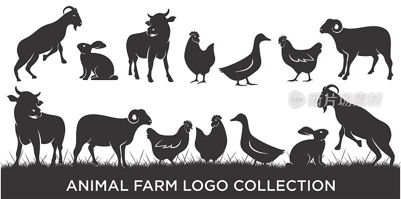 家畜农场动物图标集标志灵感，矢量插图。