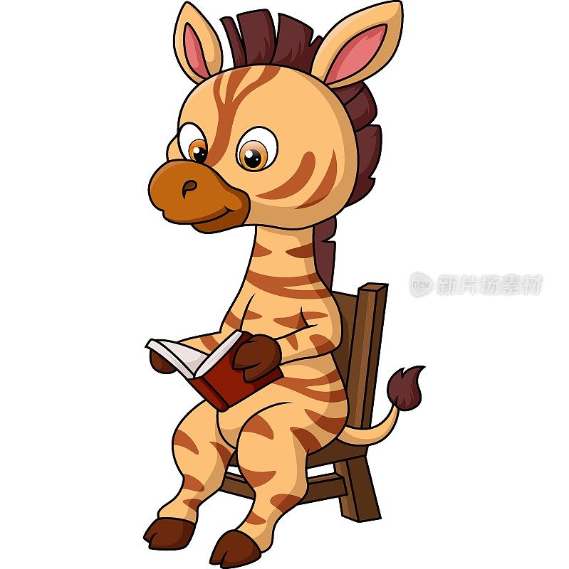 可爱的小长颈鹿卡通在木椅上看书