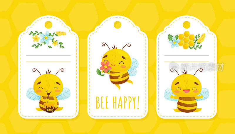 可爱的蜜蜂标签设计与繁忙的昆虫和天然甜食矢量模板