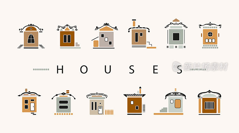 各种可爱的小房子图标集。采购产品卡通城镇房屋，城市建筑，郊区住宅。不同立面建筑。北欧风格。矢量图