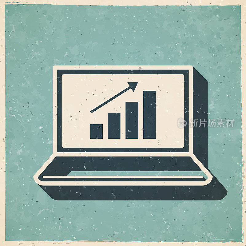 笔记本电脑上的成长图表。图标复古复古风格-旧纹理纸