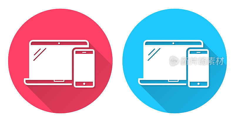 笔记本电脑和智能手机。圆形图标与长阴影在红色或蓝色的背景