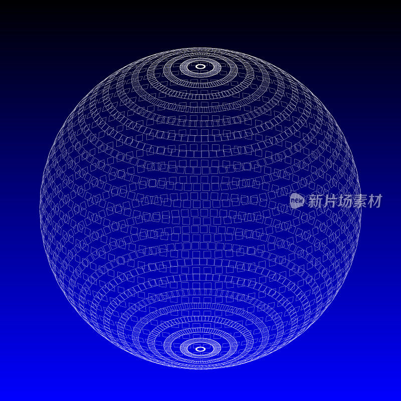 一个生动的蓝色数字3D球体，在深蓝色背景上构造了复杂的圆形图案。