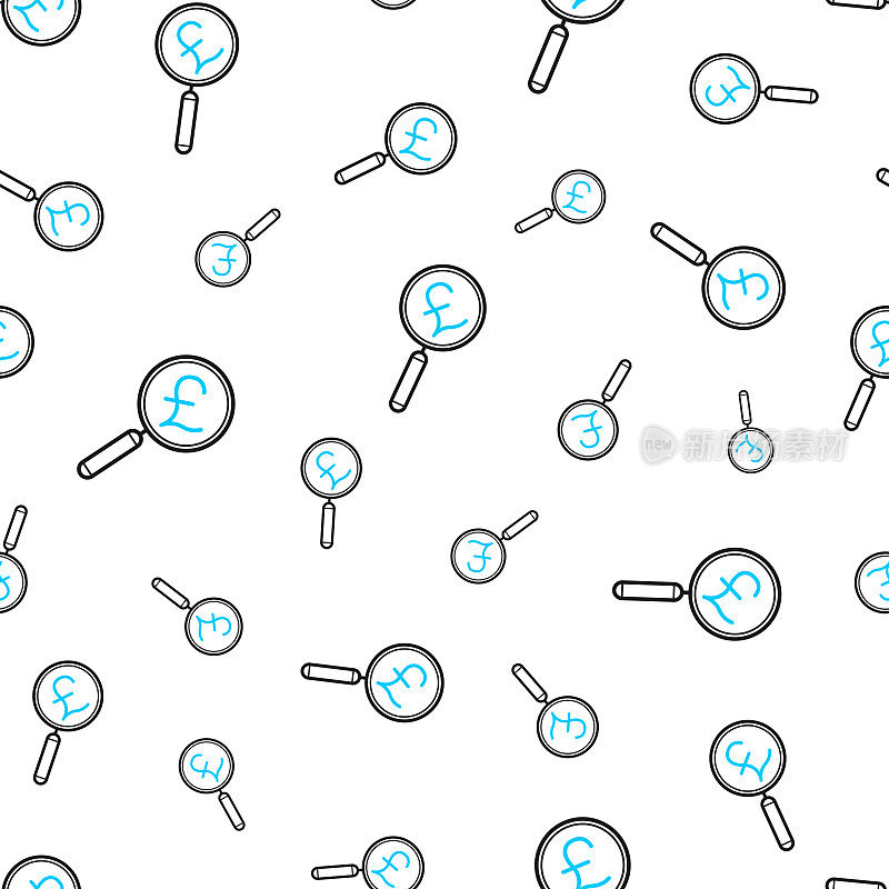带有磅号的放大镜。无缝模式。白色背景上的线条图标