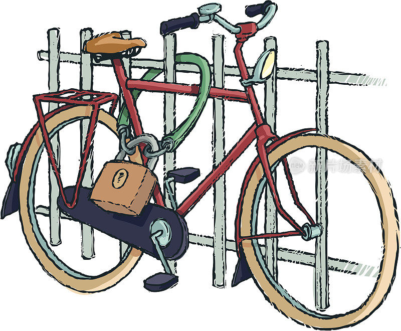 自行车锁在铁栅栏上