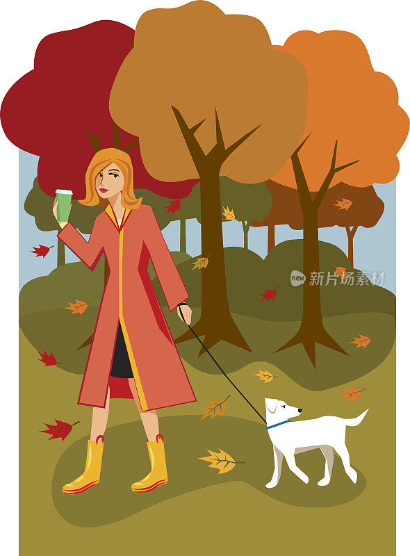秋天遛狗的女人