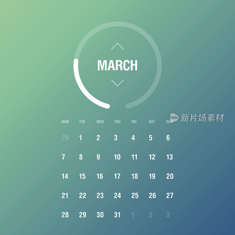 2016年日历。3月。一周星期一