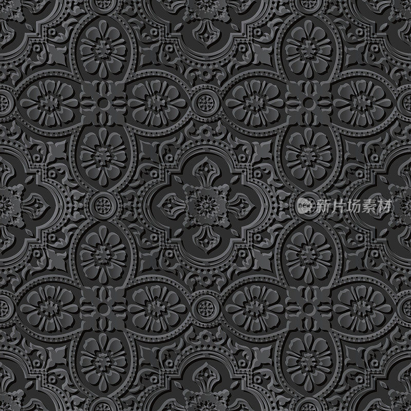 无缝3D优雅的黑色纸艺术图案118蕾丝万花筒