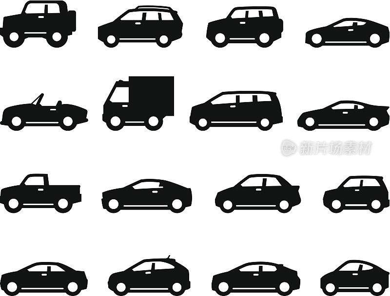 汽车和卡车图标-侧视图-黑色系列