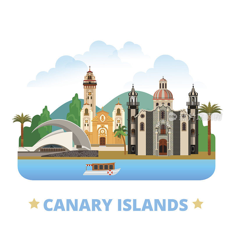 加那利群岛平面卡通风格的历史景观网站矢量插图。世界度假旅行非洲非洲收藏。康塞普西翁大教堂特内里费礼堂。