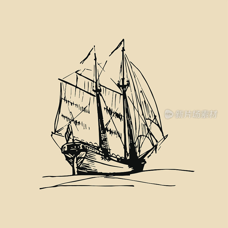 矢量插图的帆船在海上在墨水风格。手勾勒出帆船。海洋主题设计。